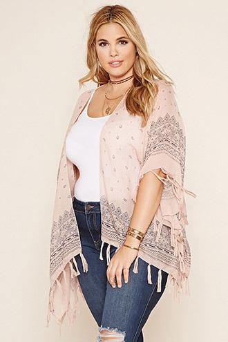 Forever21 Plus Women's  Blush & Navy Plus Size Fringe Kimono