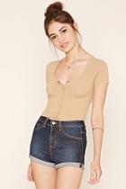 Forever21 Women's  Camel Button-front Crop Top