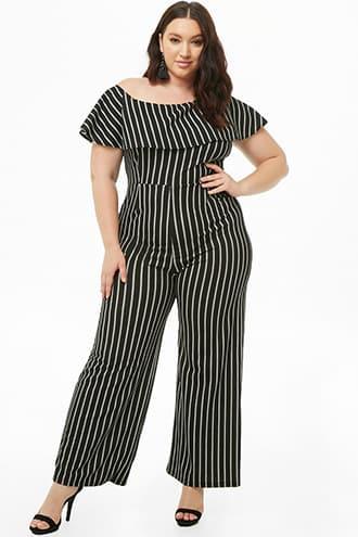 Forever21 Plus Size Striped One-shoulder Flounce Jumpsuit