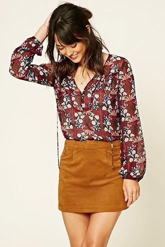 Love21 Women's  Burgundy & Pink Contemporary Floral Print Top