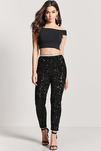 Forever21 Velvet Faux Gem & Rhinestone Sequin Pants