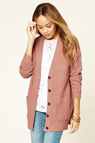Forever21 Women's  Mauve Button-front Ribbed Cardigan
