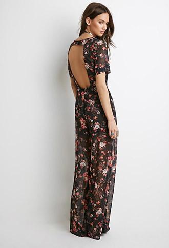 Forever21 Women's  Black Floral Chiffon Jumpsuit