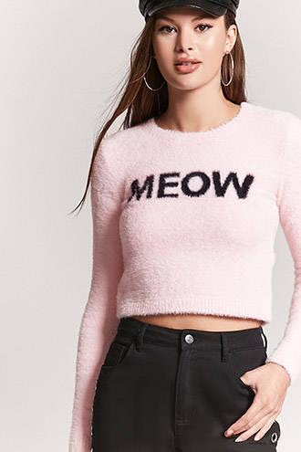 Forever21 Fuzzy Knit Meow Graphic Top