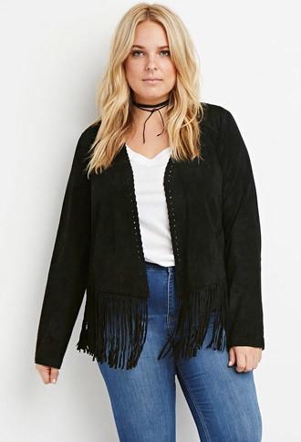 Forever21 Plus Women's Genuine Suede Fringed Jacket (black)