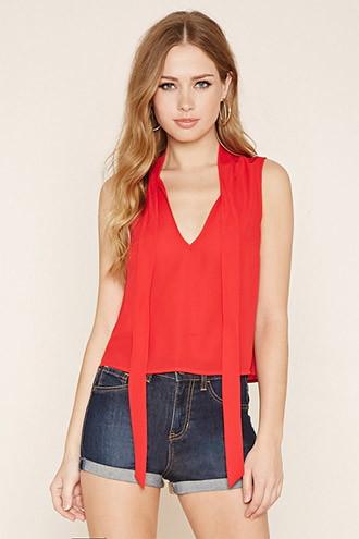 Forever21 Women's  Red Tie-neck Top