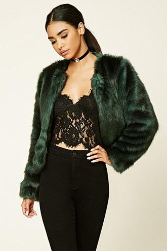 Forever21 Women's  Collarless Faux Fur Jacket