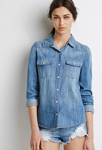 Forever 21 Western Chambray Shirt Medium Denim Small