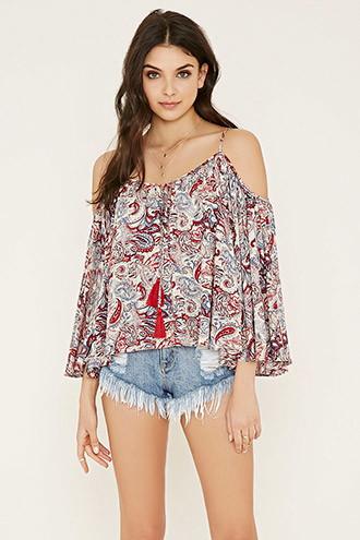 Forever21 Women's  Paisley Print Open-shoulder Top