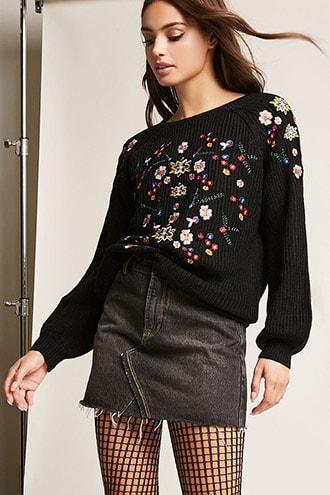 Forever21 Embroidered Balloon-sleeve Sweater