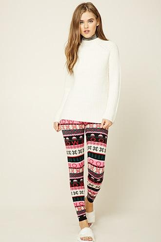 Forever21 Women's  Red & Green Holiday Print Sweater Leggings