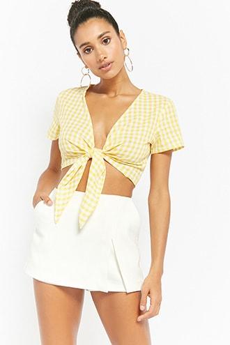 Forever21 Reverse Gingham Tie-front Crop Top
