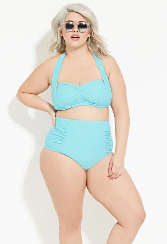 Forever21 Plus Women's  Aqua Plus Size Ruched High-waisted Bikini Bottom