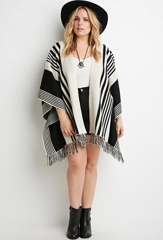 Forever21 Plus Mixed Stripe Fringed Poncho