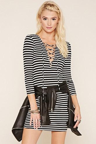 Forever21 Women's  Stripe Lace-up Bodycon Dress