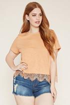 Forever21 Plus Women's  Apricot Plus Size Eyelash Lace-hem Tee