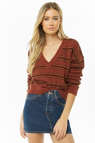 Forever21 Striped Pointelle V-neck Sweater