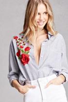 Forever21 Rose Applique Pinstripe Shirt