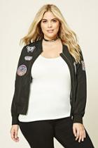 Forever21 Plus Women's  Black Plus Size Patched Bomber Jacket
