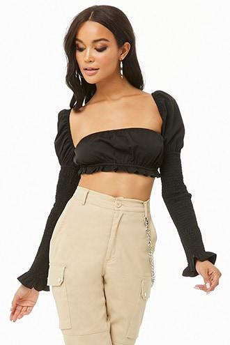 Forever21 Smocked-sleeve Crop Top