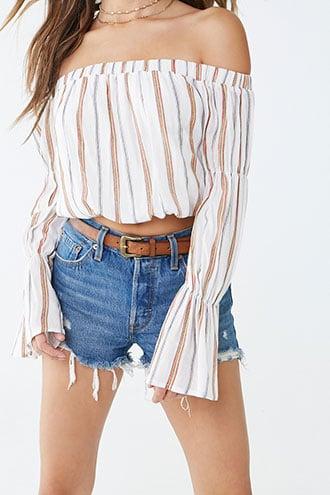 Forever21 Crinkled Striped Off-the-shoulder Crop Top