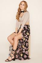 Forever21 Women's  Black & Coral Floral Print M-slit Skirt