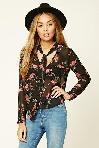Forever21 Floral Tie-neck Top
