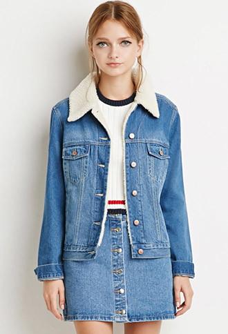 Forever21 Women's  Faux Shearling Denim Jacket (denim)