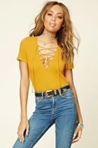 Forever21 Women's  Mustard Lace-up Ribbed Top