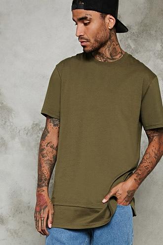 21 Men Men's  Olive Layered Hem Longline Tee