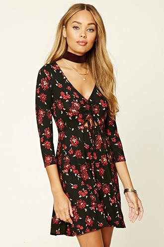 Forever21 Women's Black & Red Floral Mini Skater Dress