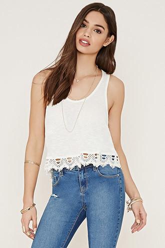 Forever21 Women's  Cream Crochet-hem Top