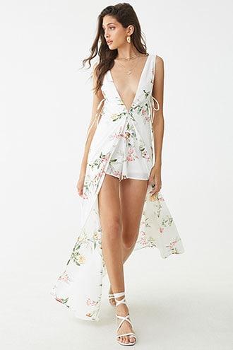 Forever21 Plunging Floral Maxi Skort Romper