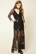 Forever21 Women's  Black & Red Embroidered Mesh Maxi Dress