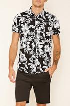 21 Men Men's  Black & White Floral Print Pocket Shirt