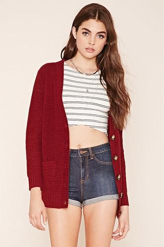 Forever21 Women's  Wine Waffle Knit Cardigan
