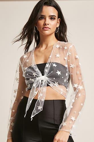 Forever21 Reverse Sheer Tie-front Star Crop Top