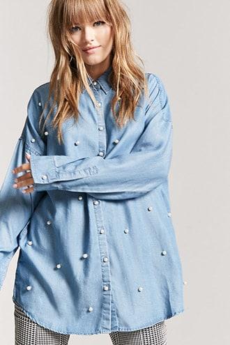 Forever21 Faux Pearl Chambray Shirt