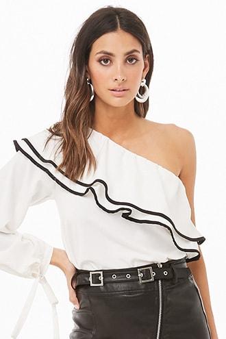 Forever21 Cascading Flounce One-shoulder Top