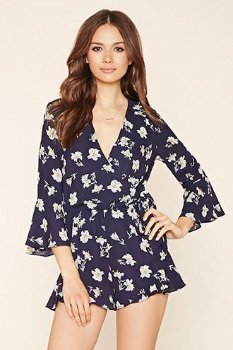 Love21 Women's  Navy & Ivory Contemporary Floral Romper
