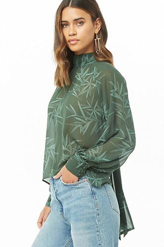 Forever21 Sheer Leaf Print Pussycat Bow Top