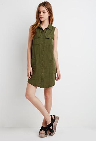 Forever21 Women's  Olive Pocket Shirt Dress