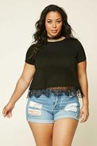 Forever21 Plus Women's  Black Plus Size Eyelash Lace-hem Tee