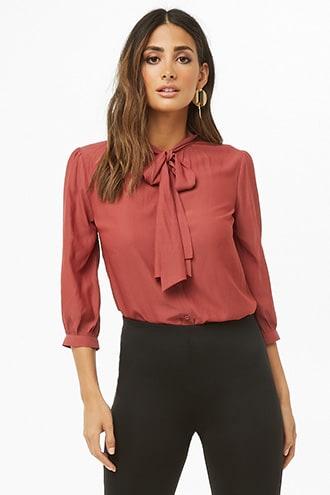Forever21 Tie-neck Curved Hem Shirt