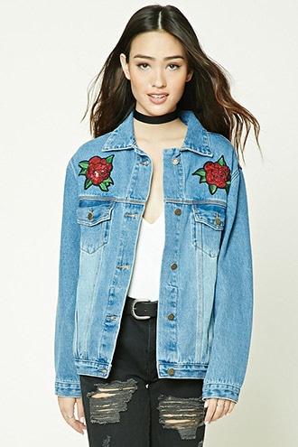 Forever21 Women's  Medium Denim Graphic Patch Denim Jacket