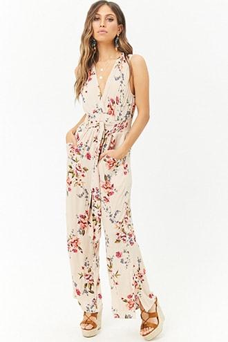 Forever21 Crinkled Floral Surplice Tie-front Jumpsuit