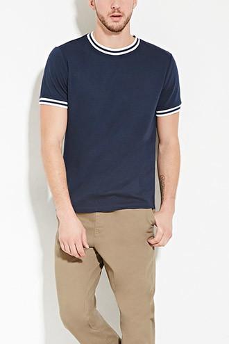 21 Men Men's  Navy Varsity-stripe Ribbed Tee