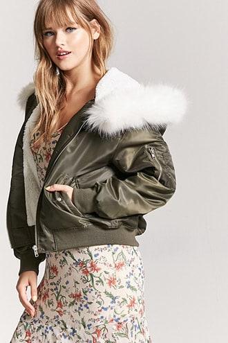 Forever21 Faux Fur Hooded Bomber Jacket