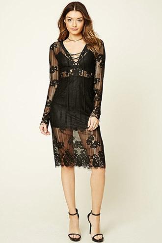Forever21 Women's  Sheer Eyelash Lace Midi Dress
