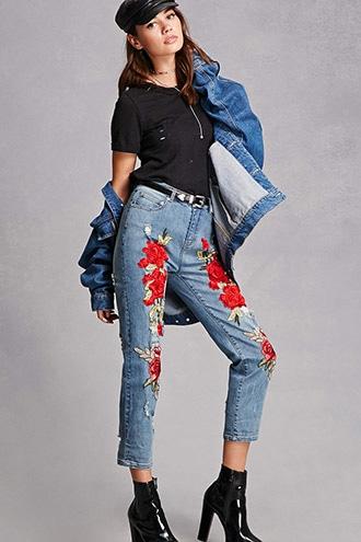 Forever21 Floral Applique Cropped Jeans